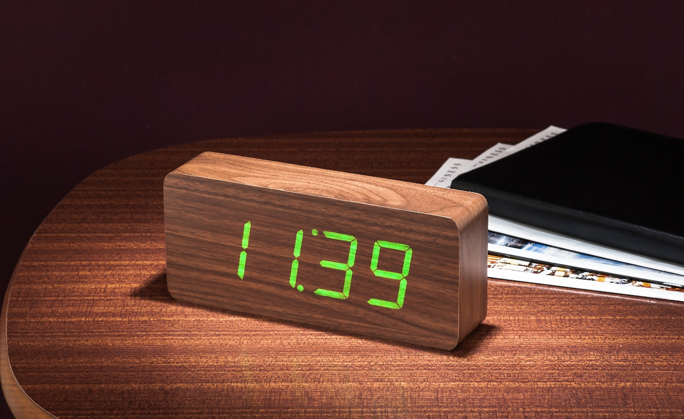 Gingko Slab Walnut Wood Effect Sound Activated Green LED Small Click Alarm Clock 