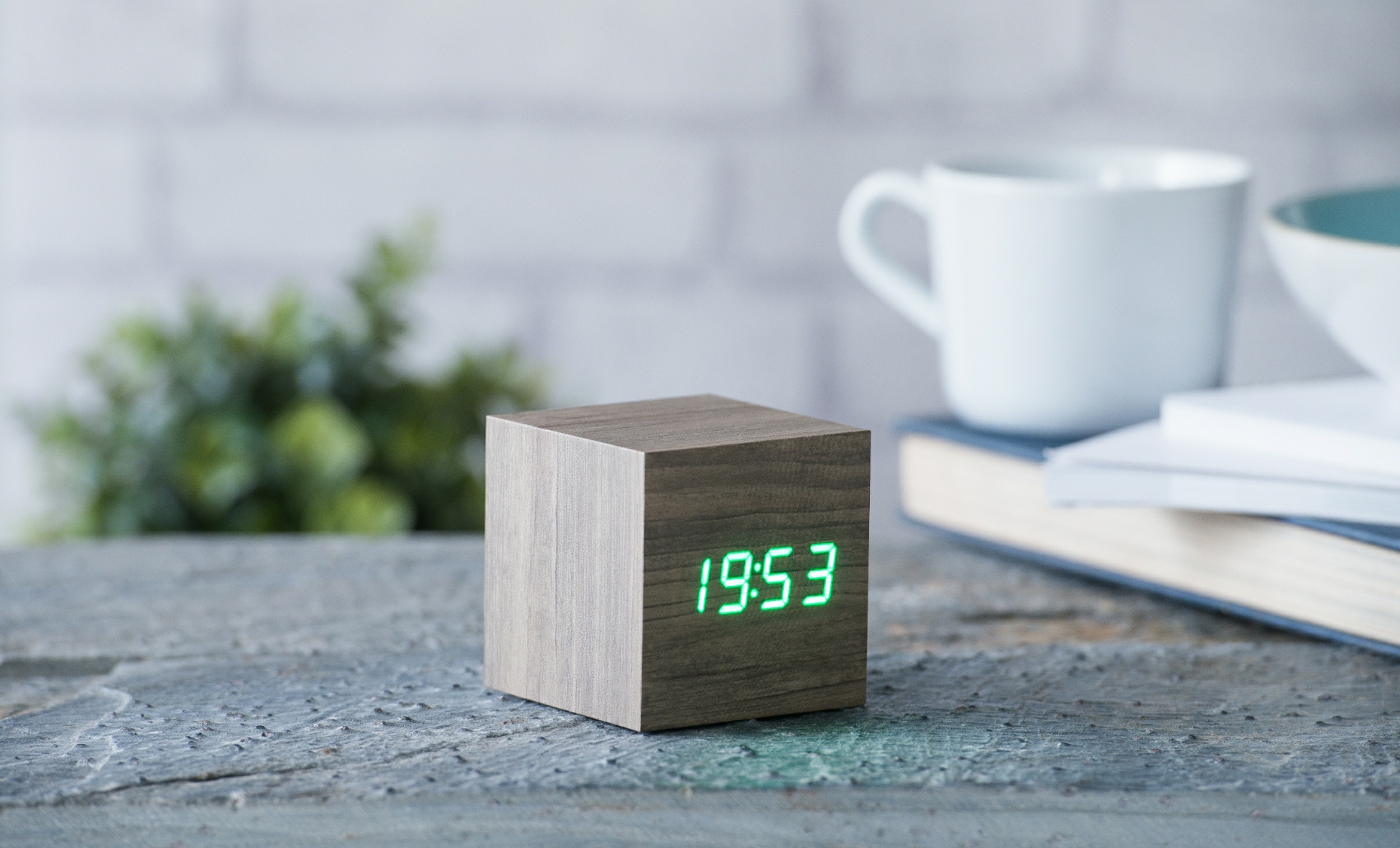 Gingko Digital Wood Cube Click Alarm Clock Walnut With Green LED Battery Powered 